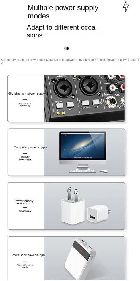 Gsrimgratoe Mélangeur audio 4 canaux avec 1 tirage 2 micros sans Console de mixage avec effet Bluetooth USB pour DJ karaoké PC Guitar