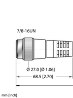 Turck RSM 34-2M CORDSET, A, STRAIGHT MALE, MALE: 14 AWG, 3 PIN, 600V, 15A, 2M5