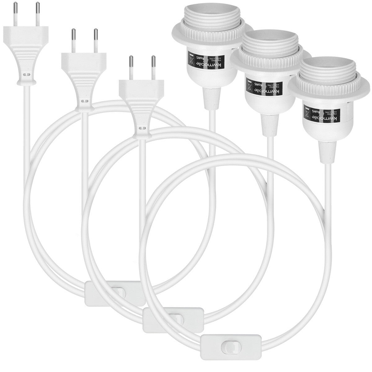 3x douille E27 pour lampes avec anneau de fixation, interrupteur et prise.4