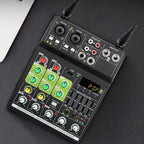 Gsrimgratoe Mélangeur audio 4 canaux avec 1 tirage 2 micros sans Console de mixage avec effet Bluetooth USB pour DJ karaoké PC Guitar