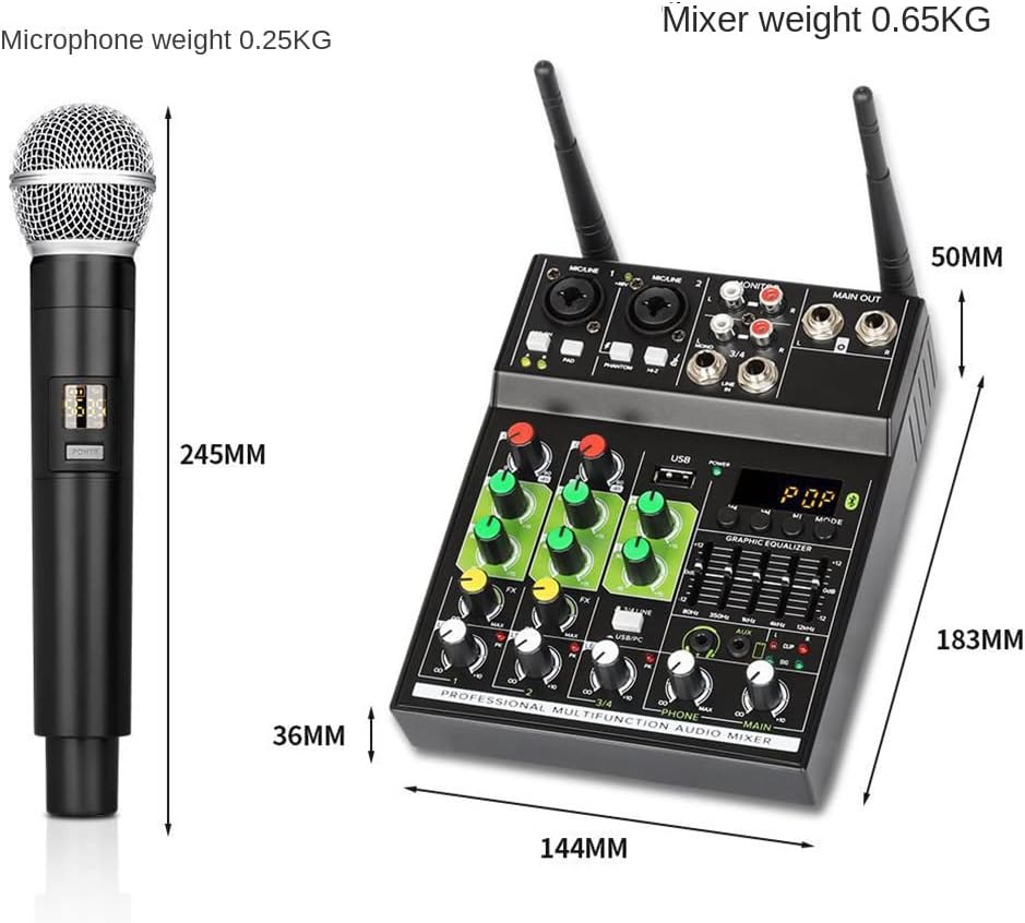 Gsrimgratoe Mélangeur audio 4 canaux avec 1 tirage 2 micros sans Console de mixage avec effet Bluetooth USB pour DJ karaoké PC Guitar