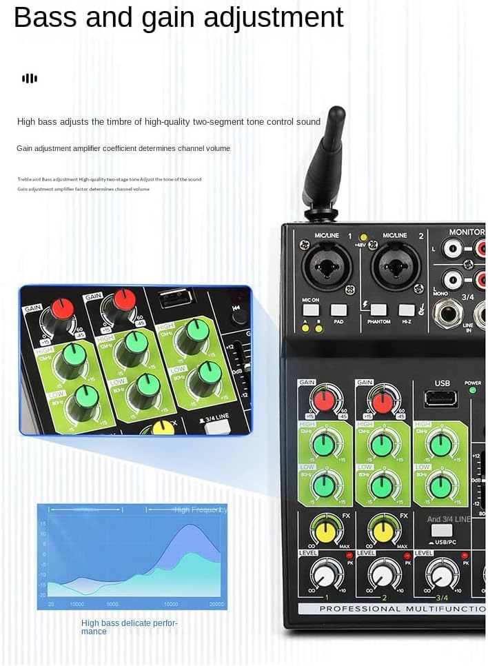 Gsrimgratoe Mélangeur audio 4 canaux avec 1 tirage 2 micros sans Console de mixage avec effet Bluetooth USB pour DJ karaoké PC Guitar
