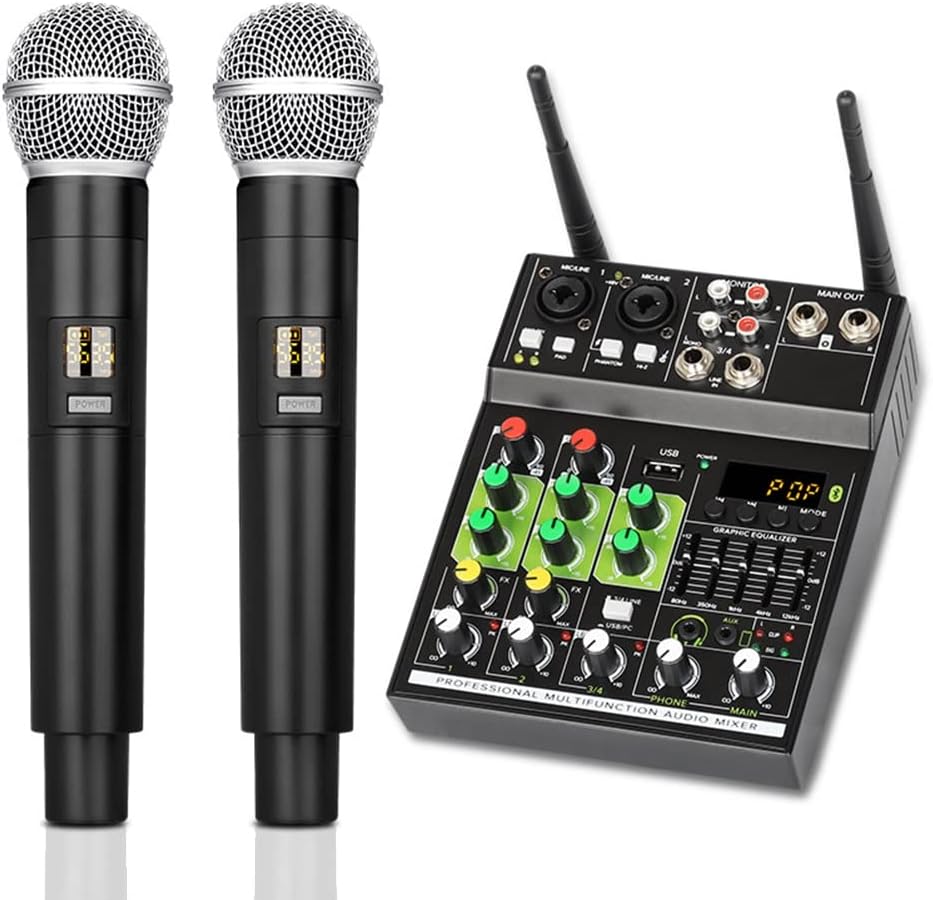 Gsrimgratoe Mélangeur audio 4 canaux avec 1 tirage 2 micros sans Console de mixage avec effet Bluetooth USB pour DJ karaoké PC Guitar