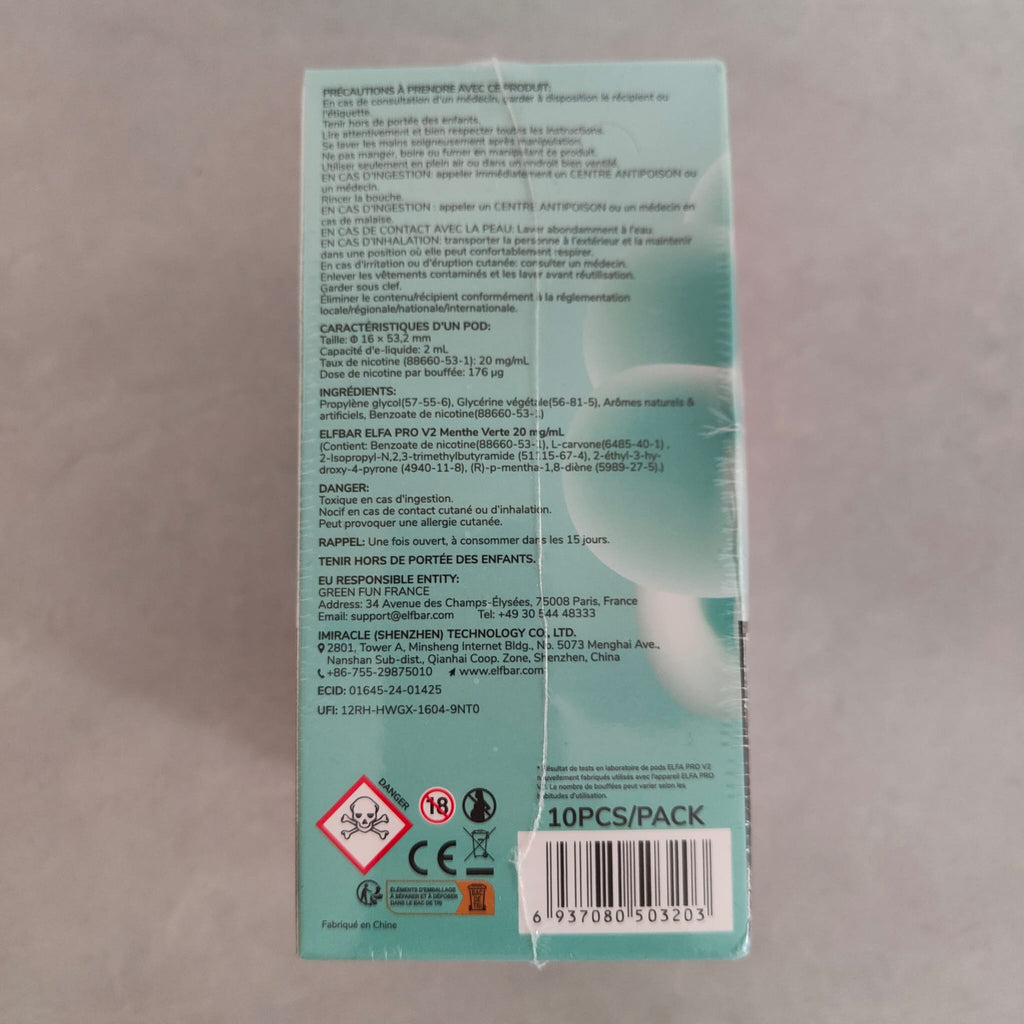 Pack de 10 pods ELFBAR Elfa pro - Menthe Verte 20mg